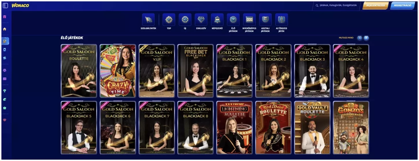 Élő kaszinó játékok a Wonaco casino