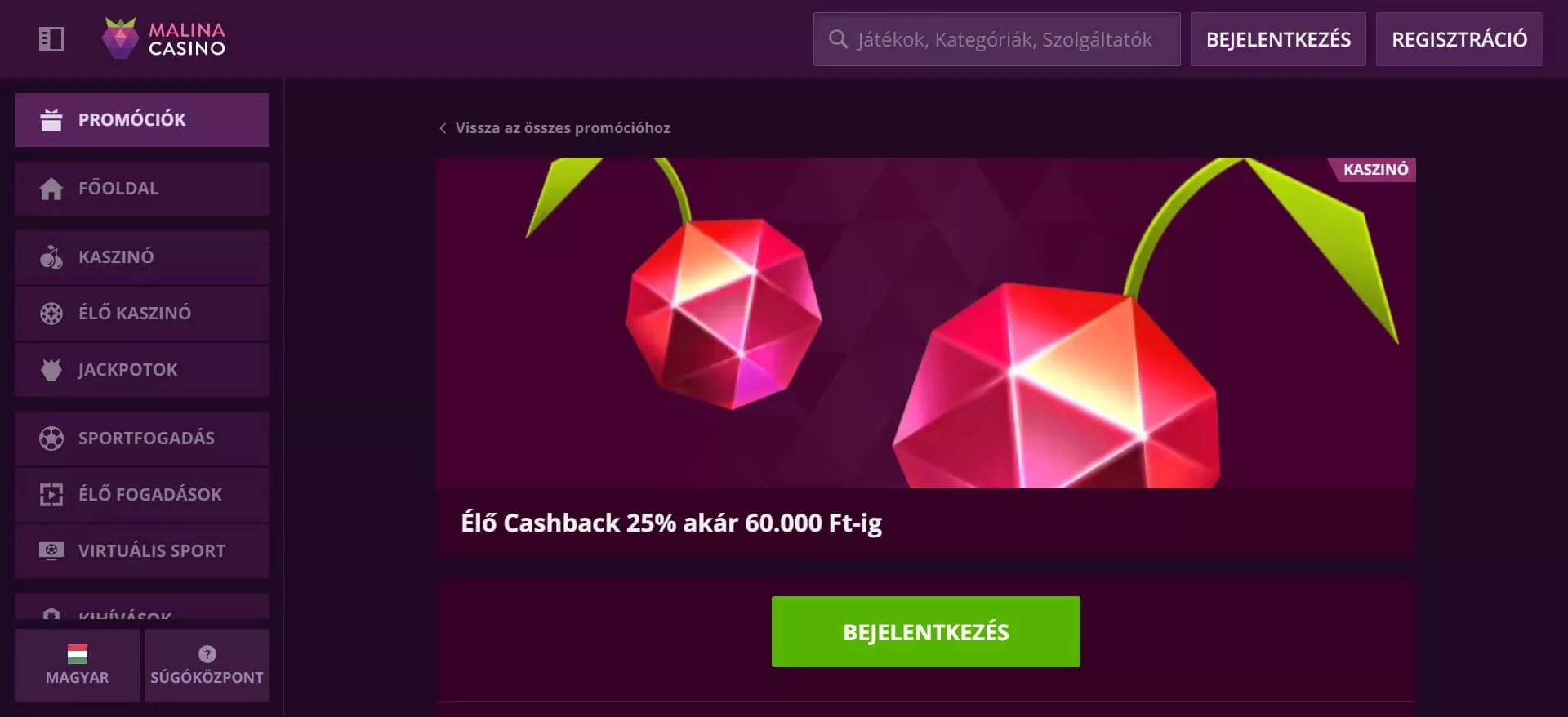 Malina kaszinó cashback bónusz