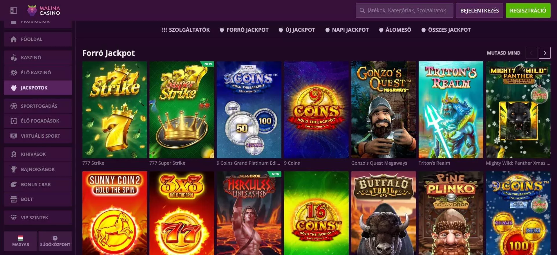 Malina kaszinó jackpotok