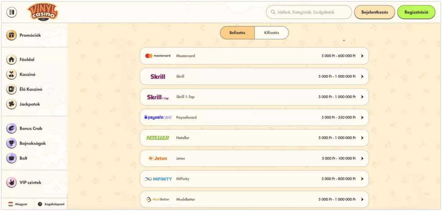 Befizetési és kifizetési módok a Vinyl casino