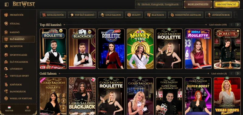A Betwest élő kaszinó oldalának képernyőképe