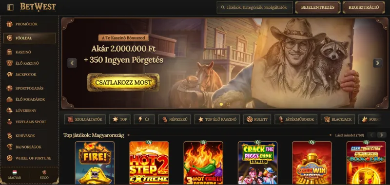 A Betwest főoldaláról készült képernyőkép